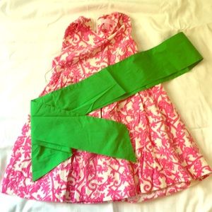 Pink and white monkey print corduroy dress